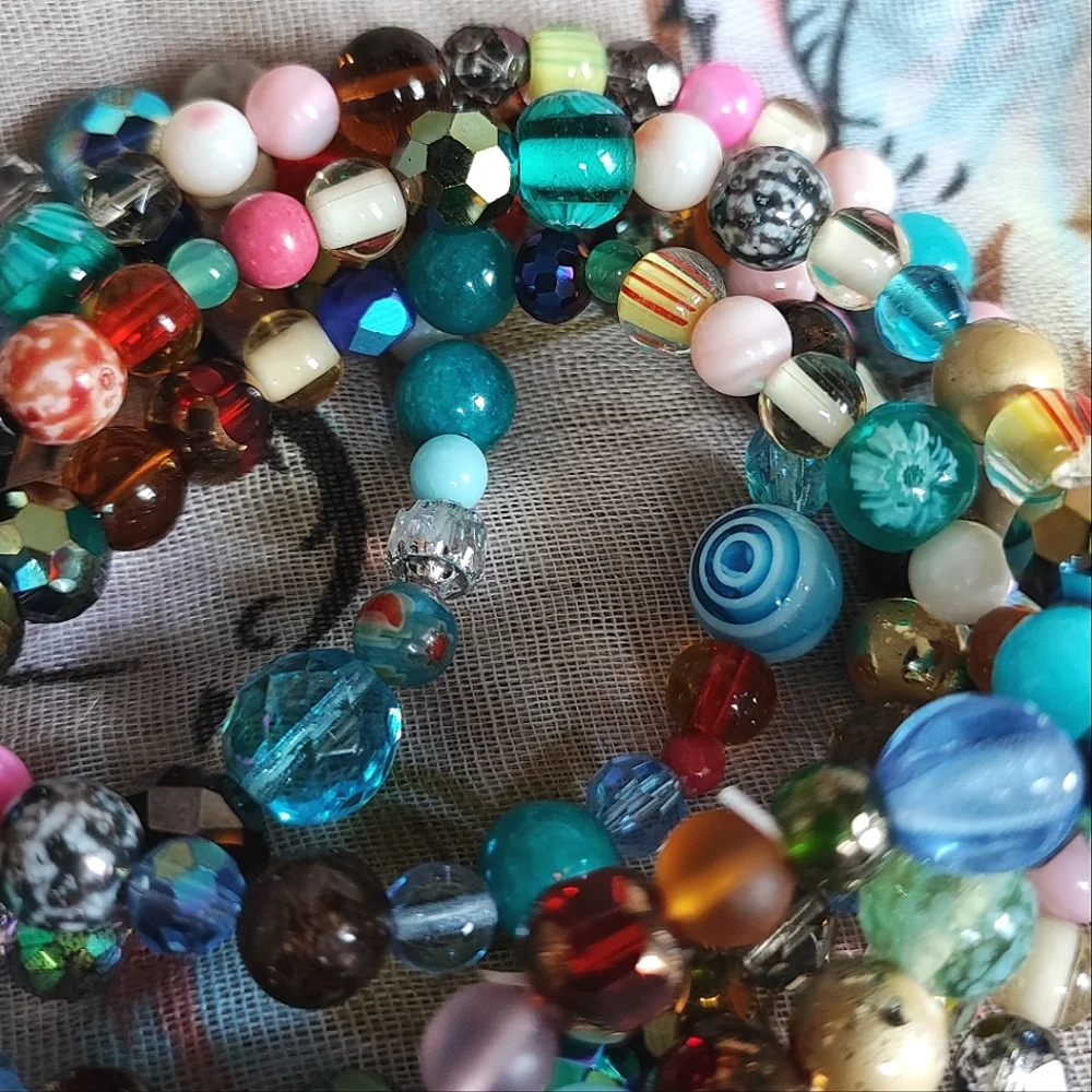3 Pieces Set Faceted Art Glass Beads Vintage 2 Necklaces Bracelet Multi Colored